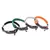 Three dog collars made of rope material in black, green and orange with brown leather details and metal fastenings.