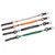 Four dog leads in different colours: grey, orange, black and green, with leather handle and metal carabiner.