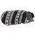 Knitted pet jumper with black and white Nordic pattern, ribbed collar and armholes, shown from the side to display design and fit.