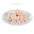 Petto di Pollo & Gamberetti, carne sminuzzata su piatto bianco. Testo visibile: Petto di Pollo & Gamberetti.