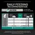 Daily feeding guide for cats: 2 kg 30 g, 3 kg 40 g, 4 kg 55 g, 5 kg 70 g, 6 kg 85 g dry food or mix with 1 pouch of 85 g. Add 15 g/kg for cats over 6 kg. Portion calculator info shown.