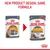 Royal Canin cat food pouch redesign: old 'Intense Beauty' 85g pack on left, new 'Hair & Skin' 85g pack on right. Text above: New product design, same formula.