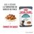 ROYAL CANIN Hairball, émincé en sauce, aide à réduire la formation de boules de poils. Texte anglais : Reduces hairball formation in 14 days. Photo d’un chat et du produit en sachet.