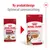 Royal Canin Medium Ageing 10+ våtfoder, gammal och ny förpackning, text: Ny produktdesign, Optimerad sammansättning, 140 g, gravy-salsa, bild på hund och foderbitar.
