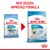 Royal Canin Puppy X-Small packaging change: old bag on left, new bag on right with '2–10 months', 'adult weight up to 4 kg'. Red text above reads 'New design, improved formula'.