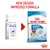 Comparison of old and new Royal Canin Junior Giant dog food packaging, highlighting new design and improved formula for dogs over 45 kg aged 8-18/24 months.