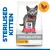 Hill's Science Plan Sterilised Kitten, Chicken. Opakowanie karmy dla kotów sterylizowanych z widocznym napisem 'STERILISED KITTEN' i symbolem kurczaka. Hill's Science Plan Sterilised Kitten, Chicken. Opakowanie karmy dla kotów sterylizowanych z widocznym napisem 'STERILISED KITTEN' i symbolem kurczaka.