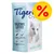 Sac de litière silicate Tigerino Crystals Sensitive 5L, texte en anglais : light & economical, stops odours before they arise, inhibits bacterial growth, dust-free, image de chat blanc. Sac de litière silicate Tigerino Crystals Sensitive 5L, texte en anglais : light & economical, stops odours before they arise, inhibits bacterial growth, dust-free, image de chat blanc.