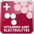 VITAMINS AND ELECTROLYTES (κείμενο στα αγγλικά) με σύμβολα συν και κύκλους σε κόκκινο φόντο