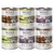 Six Wolf of Wilderness tins with visible flavours: Oak Woods, Green Fields, Wild Hills. Labels show '100% grain-free' and each tin contains 800g.