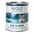 Wolf of Wilderness Blue River -koiran märkäruoka, 100 % viljaton, kalaa, villimarjoja, juuria ja yrttejä. Purkin koko 800 g.