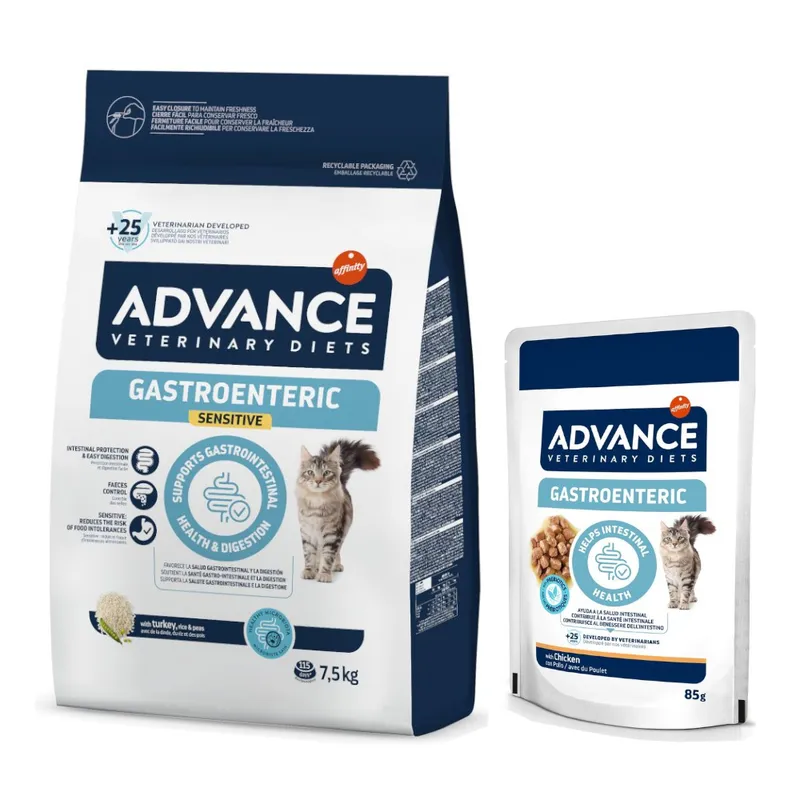 Advance Veterinary Diets pienso para gatos + comida húmeda ¡gratis! - Gastro Sensitive (7,5 kg) + Gastroenteric (12 x 85 g)