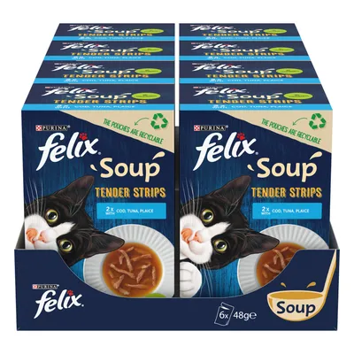 Felix Soup Tender Strips, 2x with cod, tuna, plaice. The pouches are recyclable. Pack contains 6 portions of 48g each.