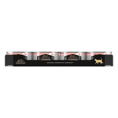 Tray containing multiple cans labelled Pro Plan Veterinary Diets, with text stating Feline Mousse in several languages and a gold cat silhouette on the packaging.