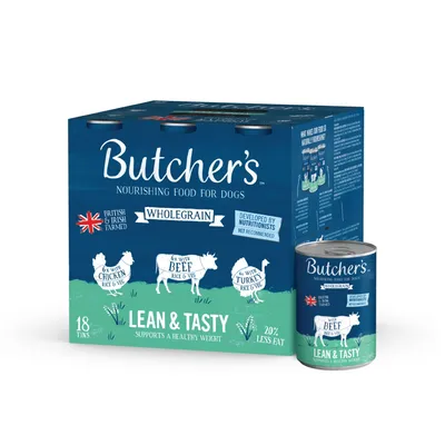 Butcher's wholegrain lean and tasty food, 18 tins with chicken, beef, turkey, rice and veg. British and Irish farmed, developed by nutritionists, supports healthy weight, 20% less fat.