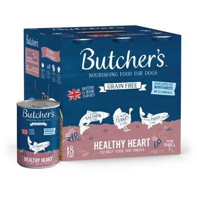 Butcher's grain free nourishing food for dogs, 18 tins. Healthy Heart recipe with salmon, turkey or trout and veg. British and Irish farmed, developed by nutritionists, with omega 3.