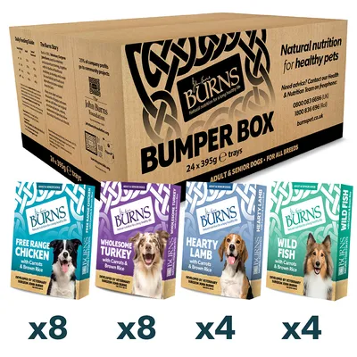 Burns Bumper Box contains 24 trays: 8 Free Range Chicken, 8 Wholesome Turkey, 4 Hearty Lamb, and 4 Wild Fish, each with carrots and brown rice. For adult and senior dogs.