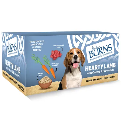 Burns Hearty Lamb with carrots and brown rice. Hand-cooked like risotto. Ingredients: pasture lamb, nutritious carrots, brown rice. For adult and senior dogs, all breeds.