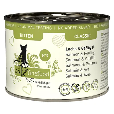 Catz finefood Classic No. 5, kitten, salmon & poultry, grain-free, no added sugar, no animal testing, 96% meat content.