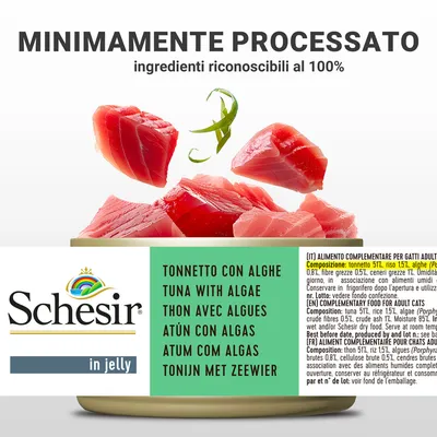 Schesir in jelly, tonnetto con alghe. Testo: minimamente processato, ingredienti riconoscibili al 100%. Composizione: tonnetto 51%, riso 15%, alghe 0,8%.