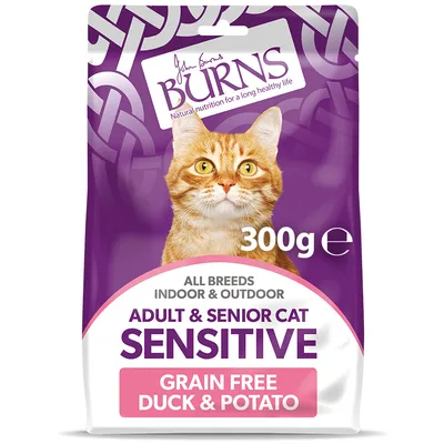 300g sensitive food for adult and senior cats, suitable for all breeds, indoor and outdoor. Grain free with duck and potato.