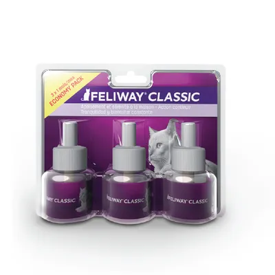 Pack de 3 recambios Feliway Classic. Texto visible: 'Tranquilidad y bienestar constante', 'ECONOMY PACK', '3 x 1 mes/mes'. Imagen de un gato en el fondo del envase.