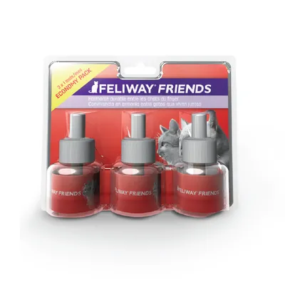 Pack de 3 recambios Feliway Friends. Texto visible: 'Convivencia en armonía entre gatos que viven juntos', 'ECONOMY PACK', '3 x 1 mes/mes'.