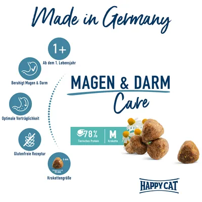Happy Cat Magen & Darm Care, Made in Germany, ab dem 1. Lebensjahr, beruhigt Magen & Darm, glutenfreie Rezeptur, 78% tierisches Protein, Krokettengrösse 6-10mm.