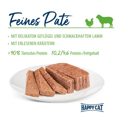 Feines Paté mit delikatem Geflügel, schmackhaftem Lamm und erlesenen Kräutern. 90% tierisches Protein, 10,2/4,6 Protein-/Fettgehalt. Marke: Happy Cat.