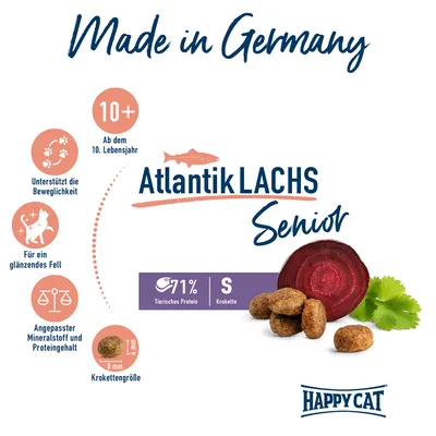 Happy Cat Atlantik Lachs Senior, ab dem 10. Lebensjahr, unterstützt Beweglichkeit, glänzendes Fell, angepasster Mineralstoff- und Proteingehalt, Kroketten S, 71% tierisches Protein.