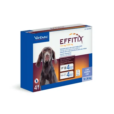 Virbac EFFITIX 134 mg/1200 mg, solución spot-on para perros medianos 10–20 kg, 4 pipetas. Fipronil y permetrina. Texto en varios idiomas visible en el envase.