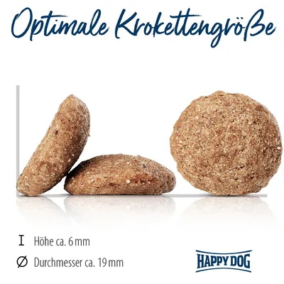 Optimale Krokettengrösse. Höhe ca. 6 mm, Durchmesser ca. 19 mm. Happy Dog Logo sichtbar.