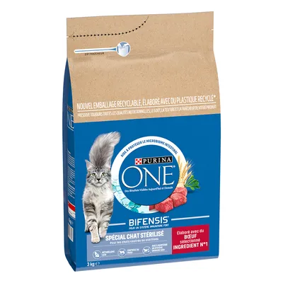 Purina ONE Bifensis Spécial Chat Stérilisé, crocchette per gatti sterilizzati, 3 kg, con manzo. Testo in francese: élaboré avec du bœuf sélectionné ingrédient n°1.