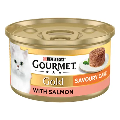 Gourmet Gold savoury cake with salmon, shown as a canned product with an image of the food and key text: savoury cake, with salmon.