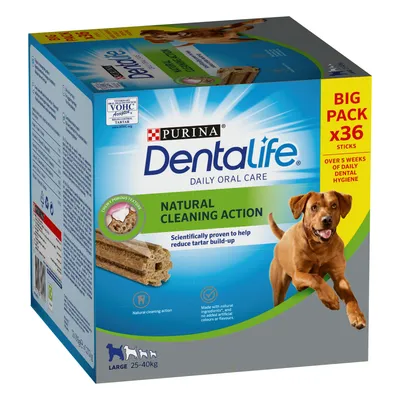 Purina Dentalife Daily Oral Care, natural cleaning action, scientifically proven to help reduce tartar build-up, big pack of 36 sticks for large dogs 25-40kg, over 5 weeks of daily dental hygiene.