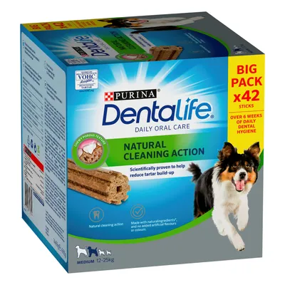 Dentalife daily oral care sticks, natural cleaning action, scientifically proven to reduce tartar build-up. Big pack of 42 sticks for over 6 weeks of dental hygiene. Medium 12-25kg.