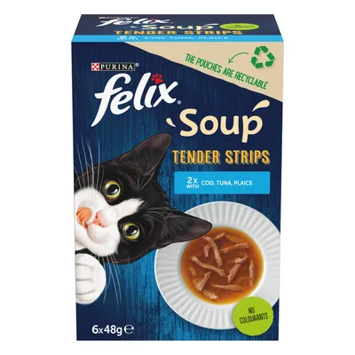 Felix Soup Tender Strips, 2 packs with cod, tuna and plaice, no colourants, pouches are recyclable, 6 x 48g shown on packaging.
