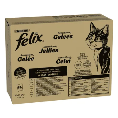 Boîte Purina Felix Sensations Gelée, Sélection de la Campagne, 80 x 85 g. Texte visible : sans colorants, 100 % complet et équilibré, vitamine D&E, sans arômes ni conservateurs artificiels.