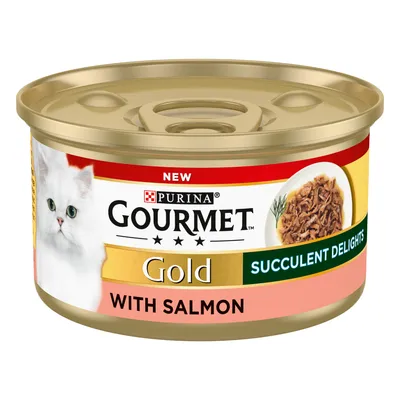 Tin labelled Gourmet Gold Succulent Delights with salmon, showing shredded food and text new.