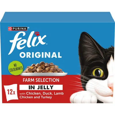Felix Original Farm Selection in Jelly, 12 pack with chicken, duck, lamb, and turkey. No colourants.