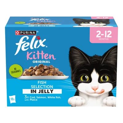 Felix Kitten Original Fish Selection in Jelly, 12 packs. For ages 2-12 months. Contains cod, salmon, white fish with plaice. No colourants.