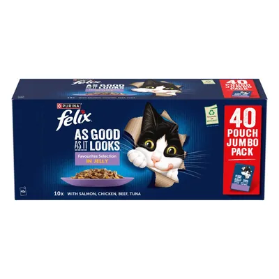 Felix As Good As It Looks Favourites Selection in Jelly, 40 pouch jumbo pack with salmon, chicken, beef and tuna, 10 pouches of each flavour.