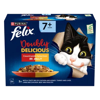 Felix Doubly Delicious Countryside Selection in Jelly for 7+ years, 12 pouches with chicken and kidney, turkey and liver, lamb and chicken, beef and poultry. Recyclable packaging.