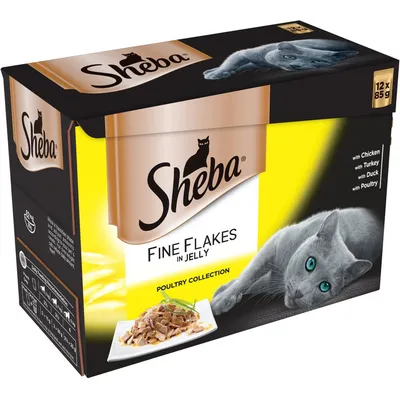 Box showing Sheba Fine Flakes in Jelly Poultry Collection, 12 x 85g. Includes with chicken, with turkey, with duck, with poultry. Image of food flakes on a plate.