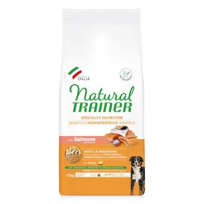 Zak Natural Trainer hondenvoer, specialty nutrition, sensitive monoproteico animale, met zalm, 12 kg. Afbeelding van zalm en hond op de verpakking. Tekst deels in het Italiaans.