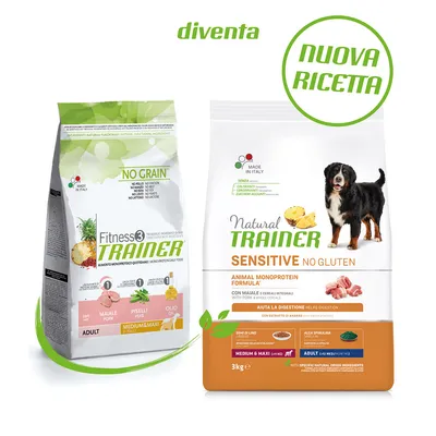 To poser hundefoder: Fitness3 Trainer No Grain med svinekød, ærter og olie til medium & maxi voksne hunde samt Natural Trainer Sensitive No Gluten med svinekød, ananas, spirulina, 3 kg.
