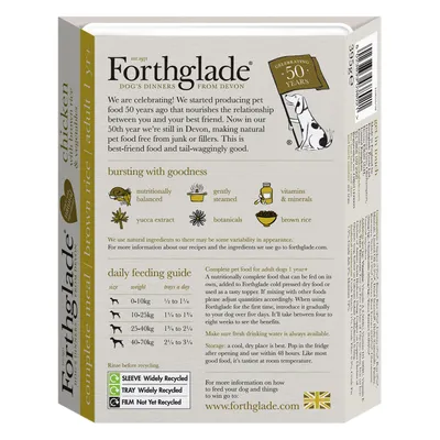 Forthglade adult pet food packaging showing feeding guide by weight, key features like nutritionally balanced, gently steamed, vitamins and minerals, and recycling instructions.