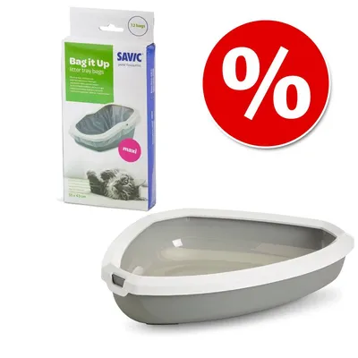 Savic Bag it Up alomtálca zsák maxi, 12 db-os csomagolás, szürke-fehér sarok alomtálca, piros százalékos akciójelzés látható.