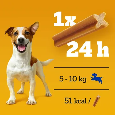 Preporuka doziranja: 1 štapić svakih 24 h za pse 5–10 kg, 51 kcal po štapiću. Prikaz štapića i psa na žutoj podlozi.
