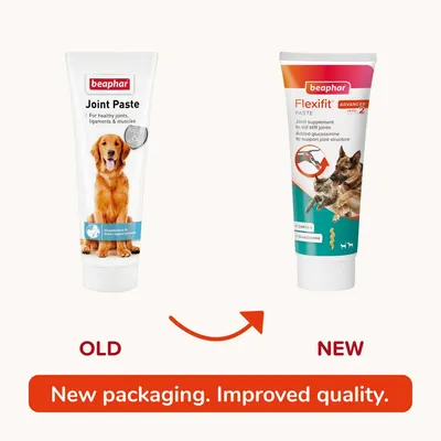 Comparison of old and new packaging for joint supplement paste, showing updated design and text stating 'New packaging. Improved quality.'